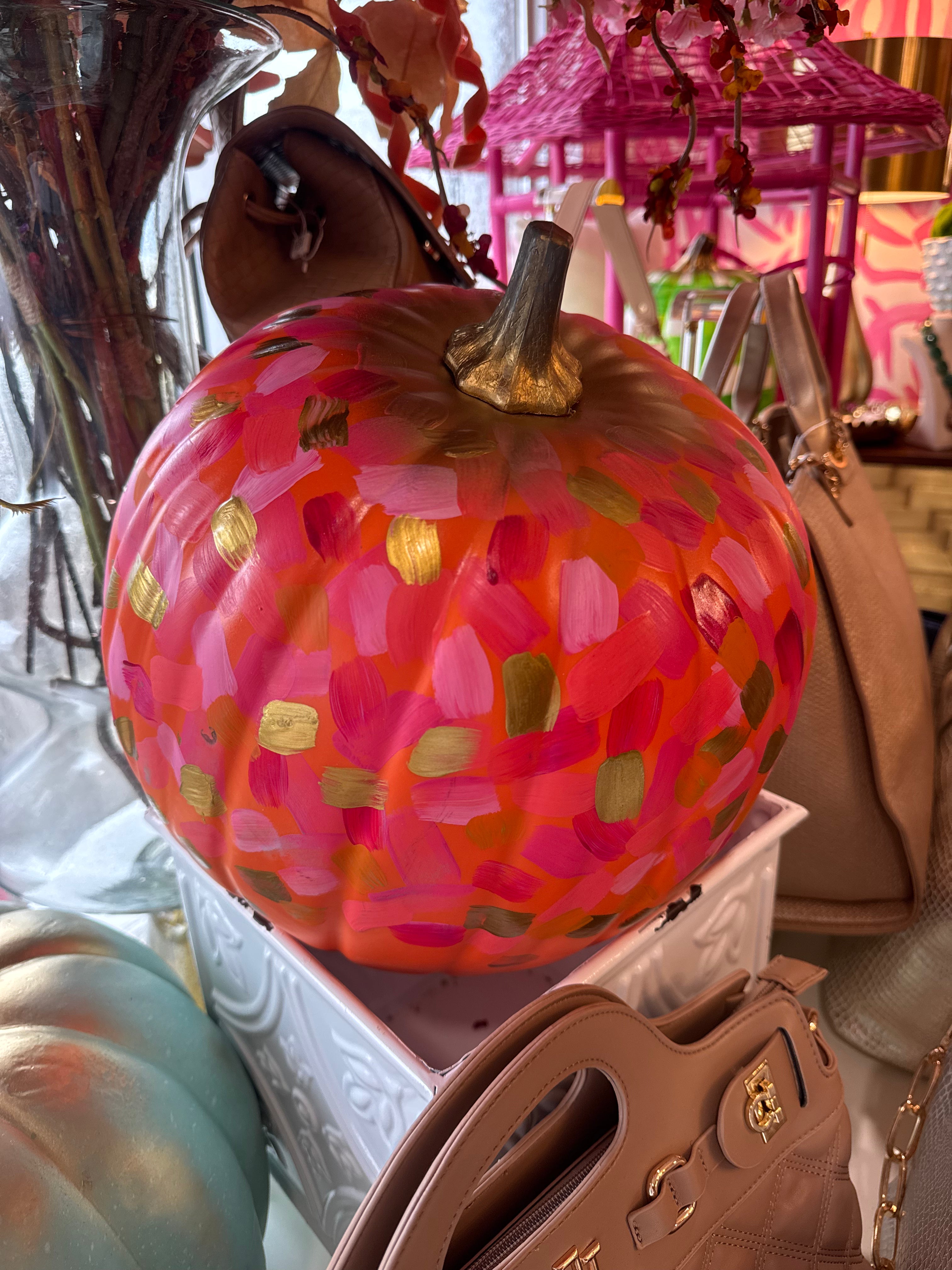 Pink And Gold Hand Painted Pumpkin