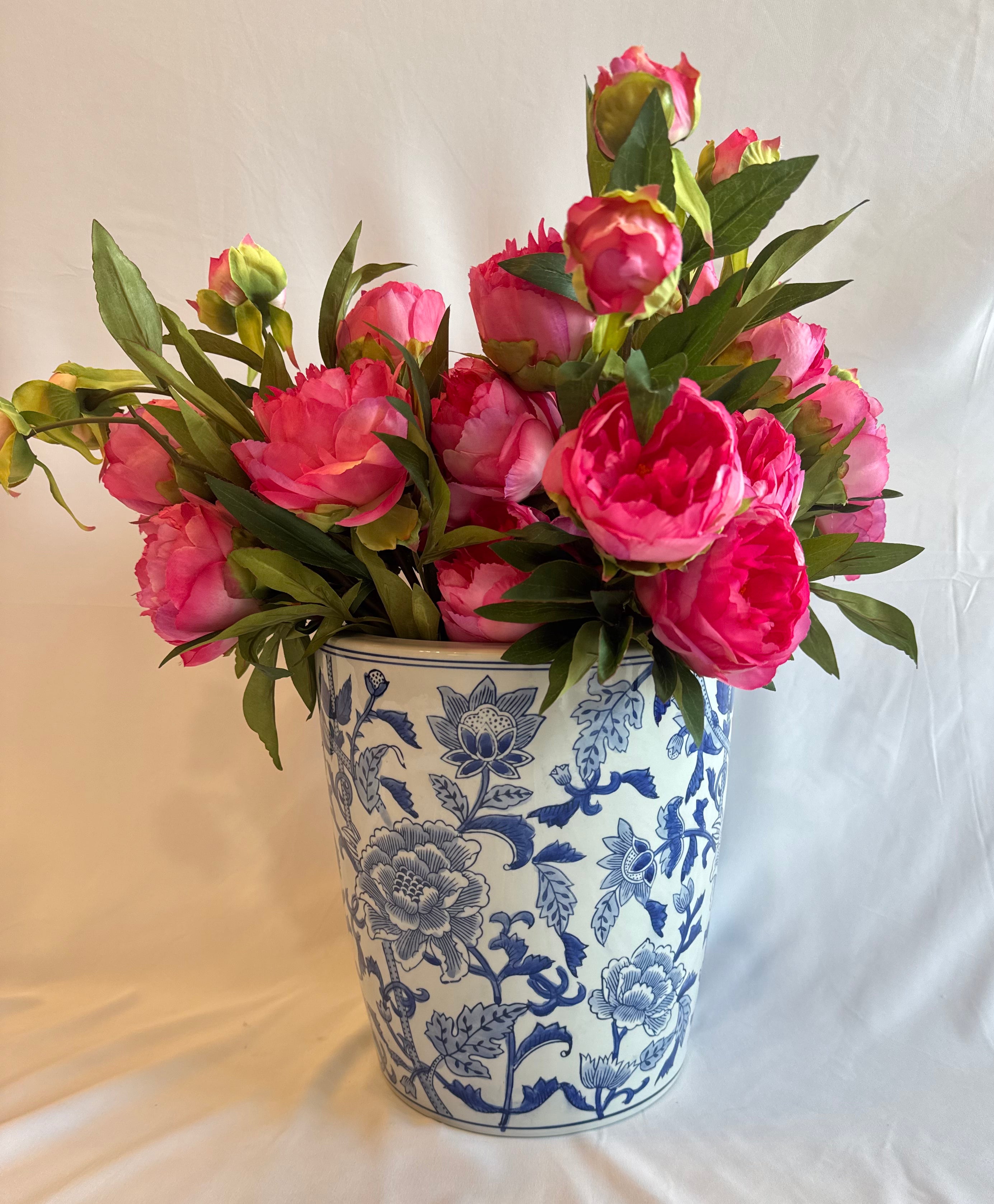 Blue and White Chinoserie Pink Peony arrangement